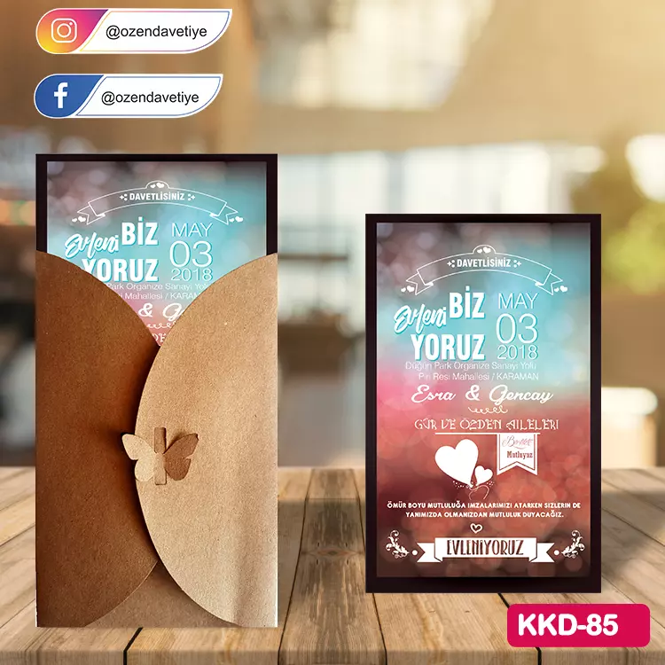 ozen-davetiye-Düğün Davetiyesi - Kelebekli Kraft Zarflı Davetiye Model No:85