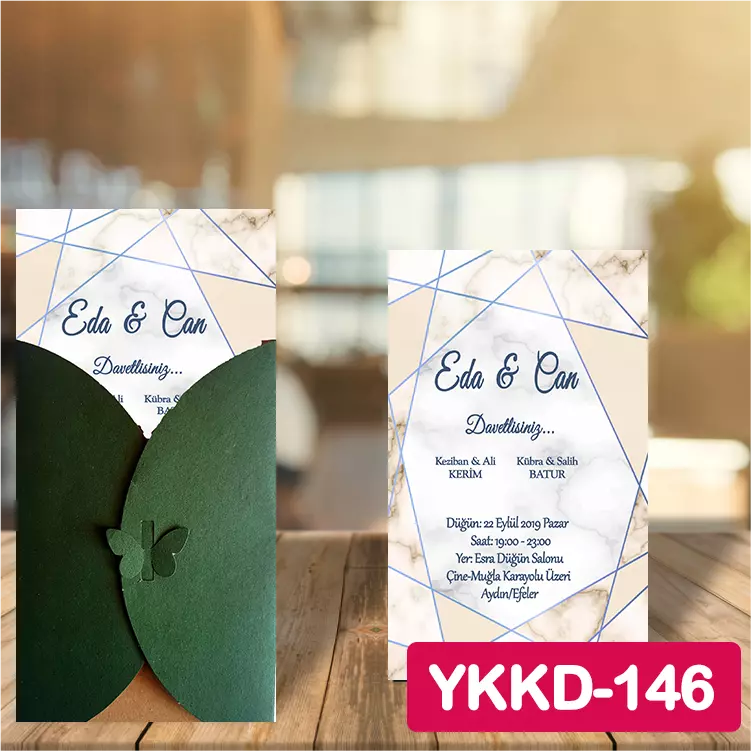 ozen-davetiye-Düğün Davetiyesi - Yeşil Kelebekli Kraft Zarflı Davetiye Model No:146