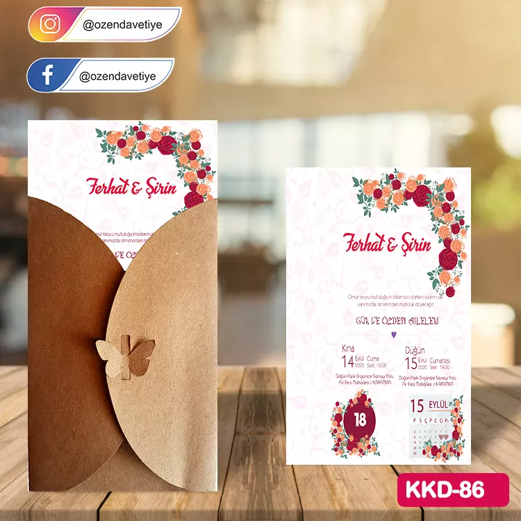 ozen-davetiye-Düğün Davetiyesi - Kelebekli Kraft Zarflı Davetiye Model No:86