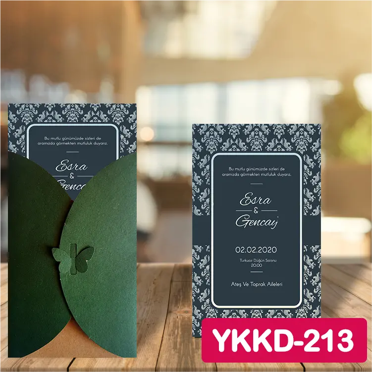ozen-davetiye-Düğün Davetiyesi - Yeşil Kelebekli Kraft Zarflı Davetiye Model No:213