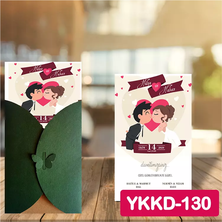 ozen-davetiye-Düğün Davetiyesi - Yeşil Kelebekli Kraft Zarflı Davetiye Model No:130