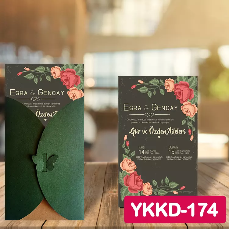 ozen-davetiye-Düğün Davetiyesi - Yeşil Kelebekli Kraft Zarflı Davetiye Model No:174