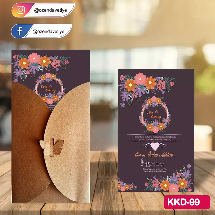 ozen-davetiye-Düğün Davetiyesi - Kelebekli Kraft Zarflı Davetiye Model No:99