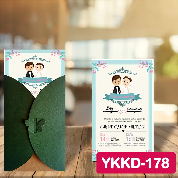 ozen-davetiye-Düğün Davetiyesi - Yeşil Kelebekli Kraft Zarflı Davetiye Model No:178
