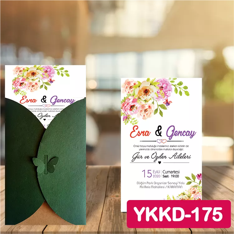 ozen-davetiye-Düğün Davetiyesi - Yeşil Kelebekli Kraft Zarflı Davetiye Model No:175