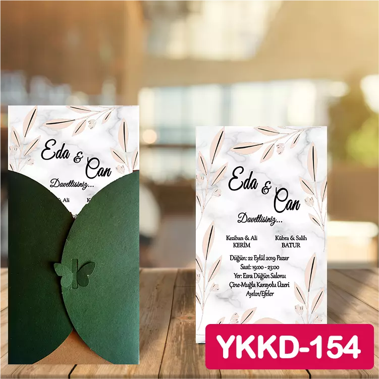 ozen-davetiye-Düğün Davetiyesi - Yeşil Kelebekli Kraft Zarflı Davetiye Model No:154