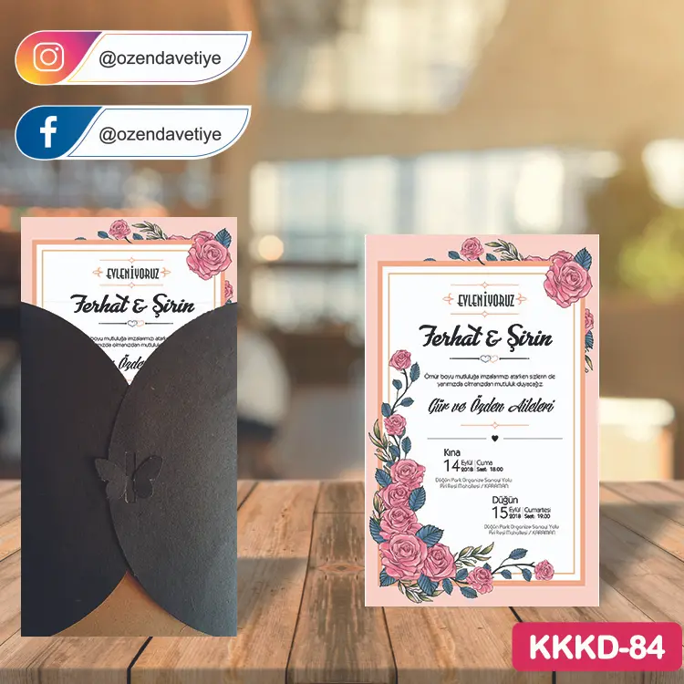 ozen-davetiye-Düğün Davetiyesi - Kahverengi Kelebekli Kraft Zarflı Davetiye Model No:84