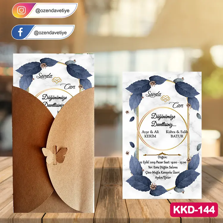ozen-davetiye-Düğün Davetiyesi - Kelebekli Kraft Zarflı Davetiye Model No:144