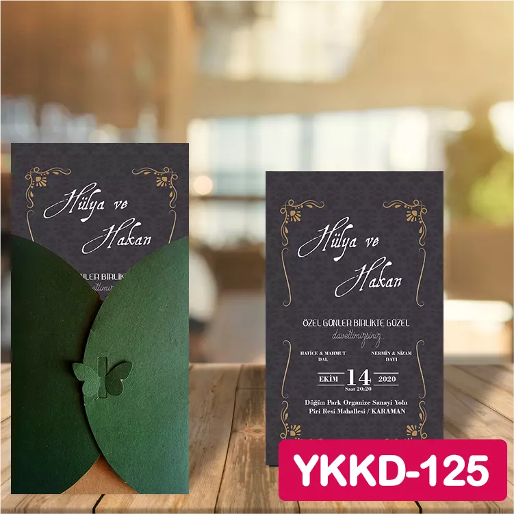 ozen-davetiye-Düğün Davetiyesi - Yeşil Kelebekli Kraft Zarflı Davetiye Model No:125