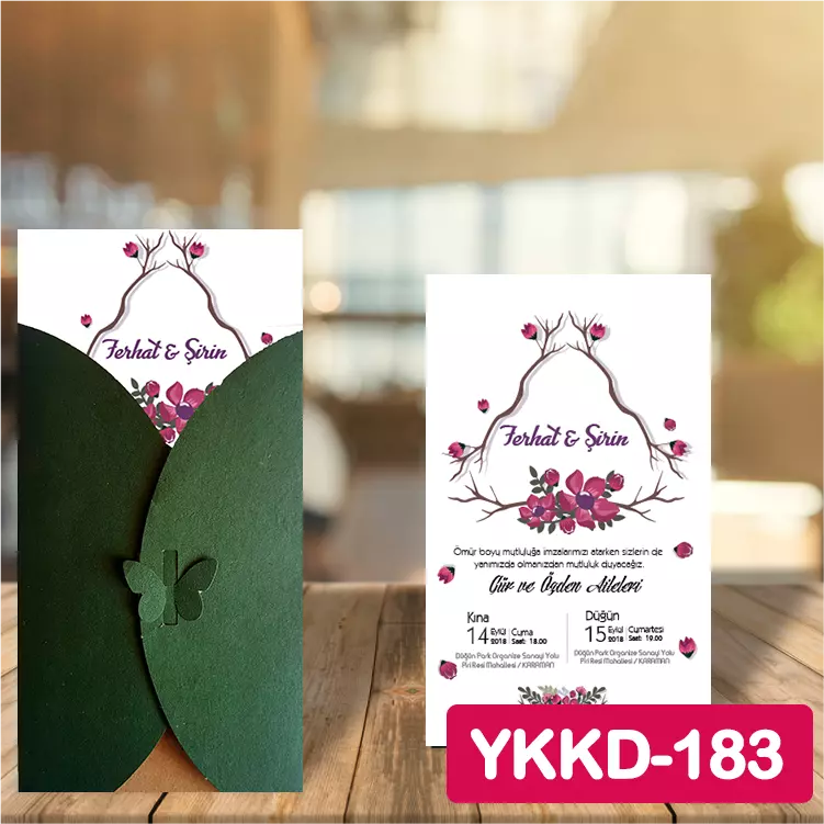 ozen-davetiye-Düğün Davetiyesi - Yeşil Kelebekli Kraft Zarflı Davetiye Model No:183