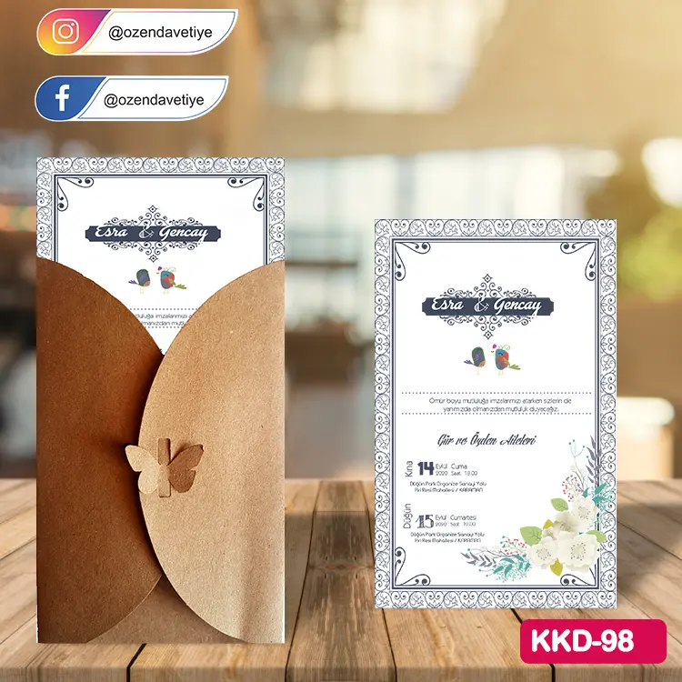 ozen-davetiye-Düğün Davetiyesi - Kelebekli Kraft Zarflı Davetiye Model No:98