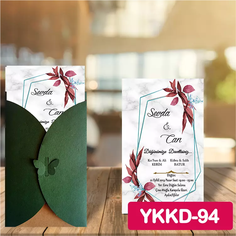 ozen-davetiye-Düğün Davetiyesi - Yeşil Kelebekli Kraft Zarflı Davetiye Model No:94