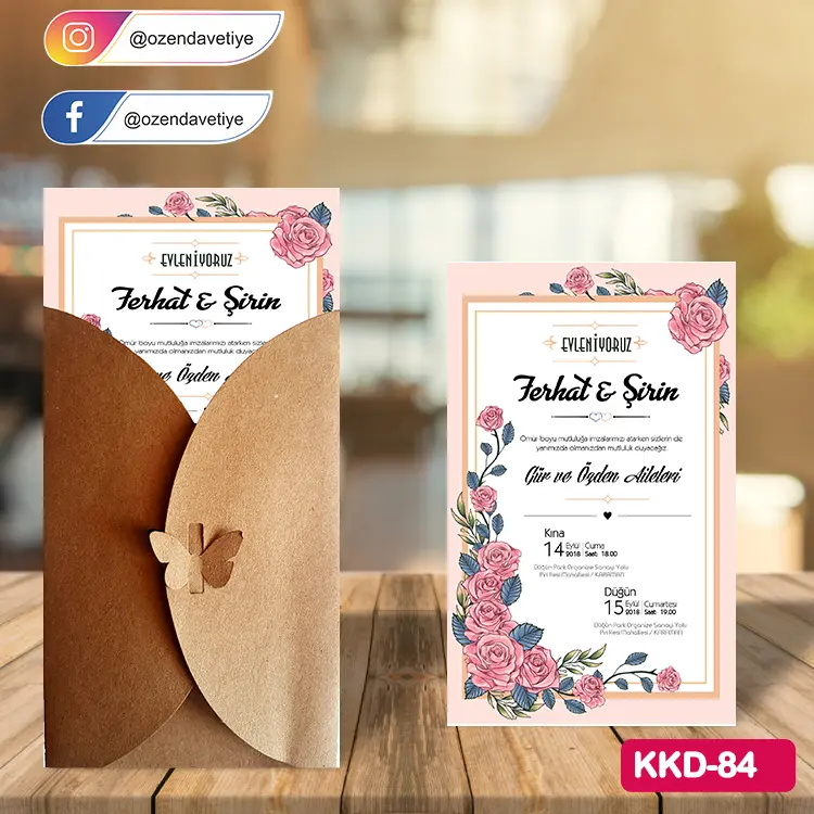 ozen-davetiye-Düğün Davetiyesi - Kelebekli Kraft Zarflı Davetiye Model No:84
