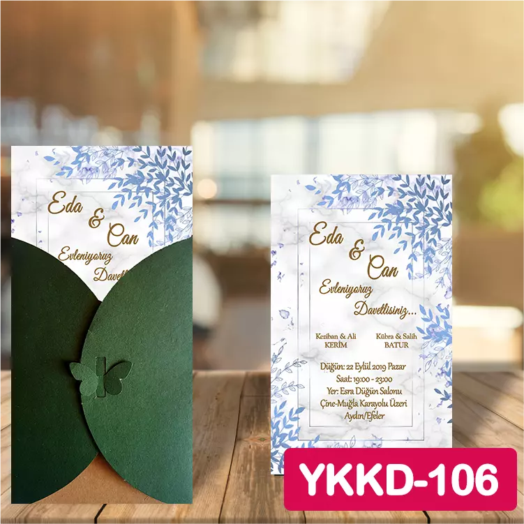 ozen-davetiye-Düğün Davetiyesi - Yeşil Kelebekli Kraft Zarflı Davetiye Model No:106