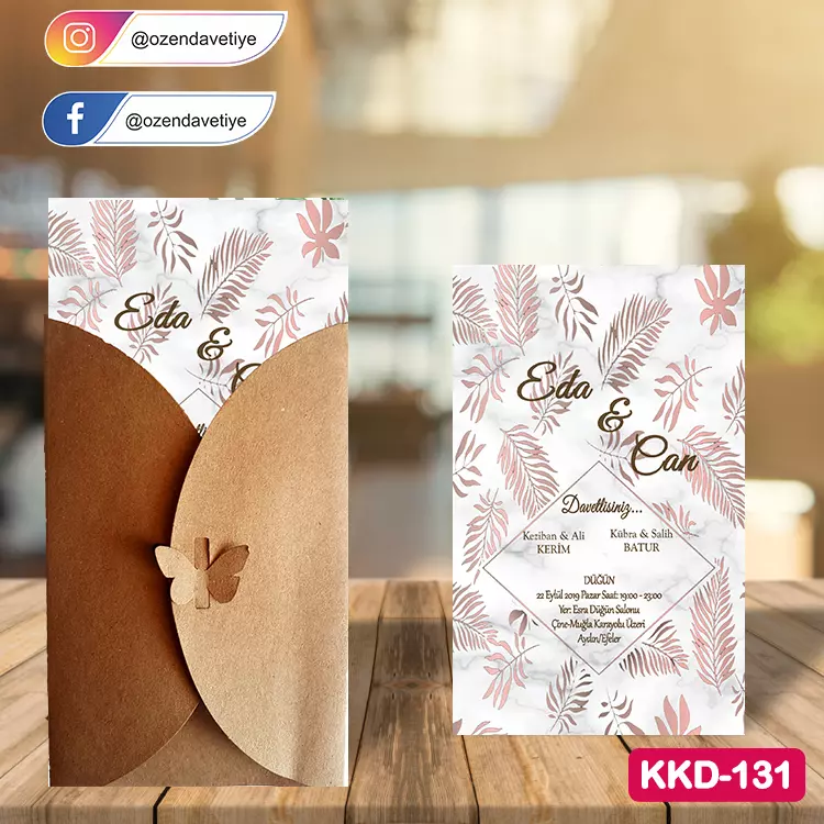 ozen-davetiye-Düğün Davetiyesi - Kelebekli Kraft Zarflı Davetiye Model No:131