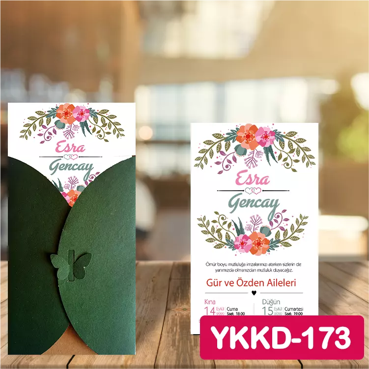 ozen-davetiye-Düğün Davetiyesi - Yeşil Kelebekli Kraft Zarflı Davetiye Model No:173