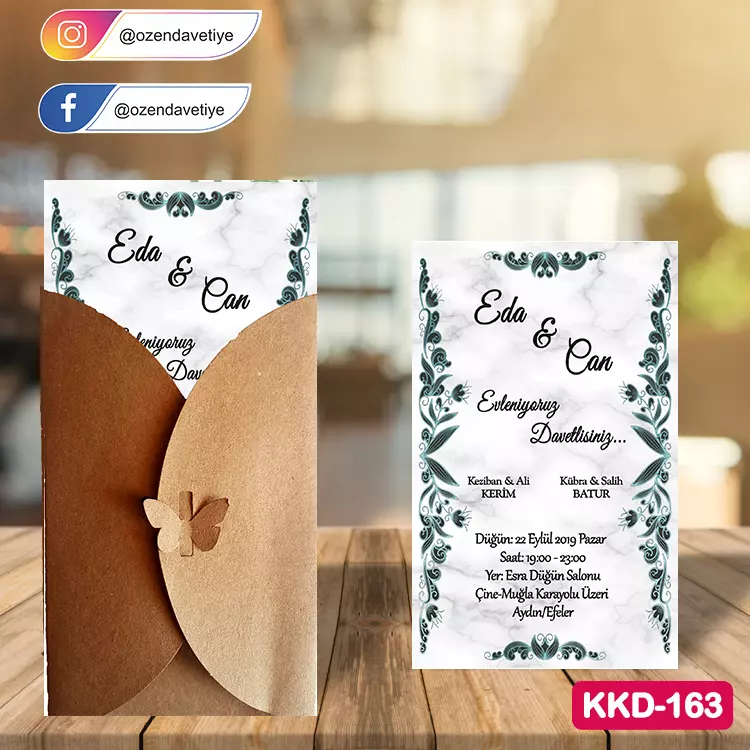 ozen-davetiye-Düğün Davetiyesi - Kelebekli Kraft Zarflı Davetiye Model No:163