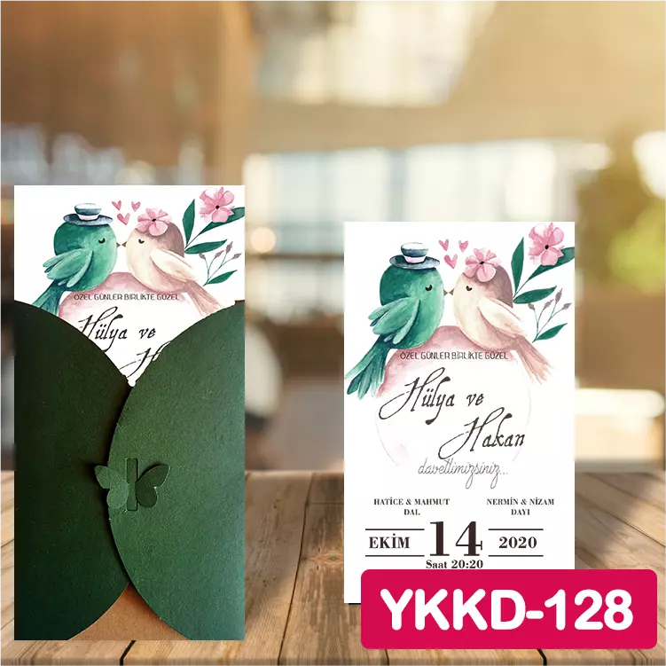 ozen-davetiye-Düğün Davetiyesi - Yeşil Kelebekli Kraft Zarflı Davetiye Model No:128