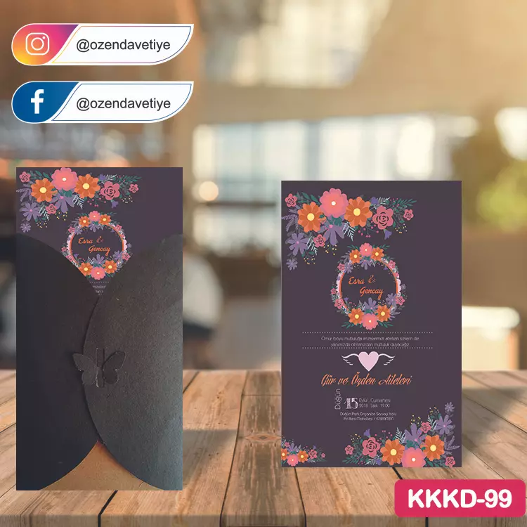 ozen-davetiye-Düğün Davetiyesi - Kahverengi Kelebekli Kraft Zarflı Davetiye Model No:99