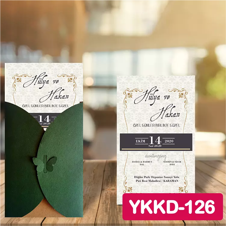 ozen-davetiye-Düğün Davetiyesi - Yeşil Kelebekli Kraft Zarflı Davetiye Model No:126
