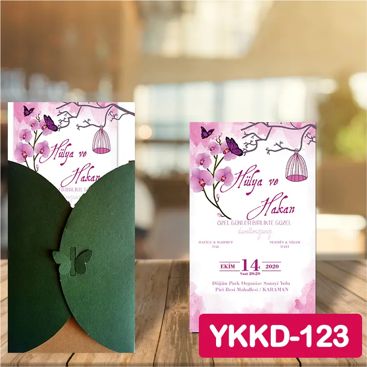 ozen-davetiye-Düğün Davetiyesi - Yeşil Kelebekli Kraft Zarflı Davetiye Model No:123