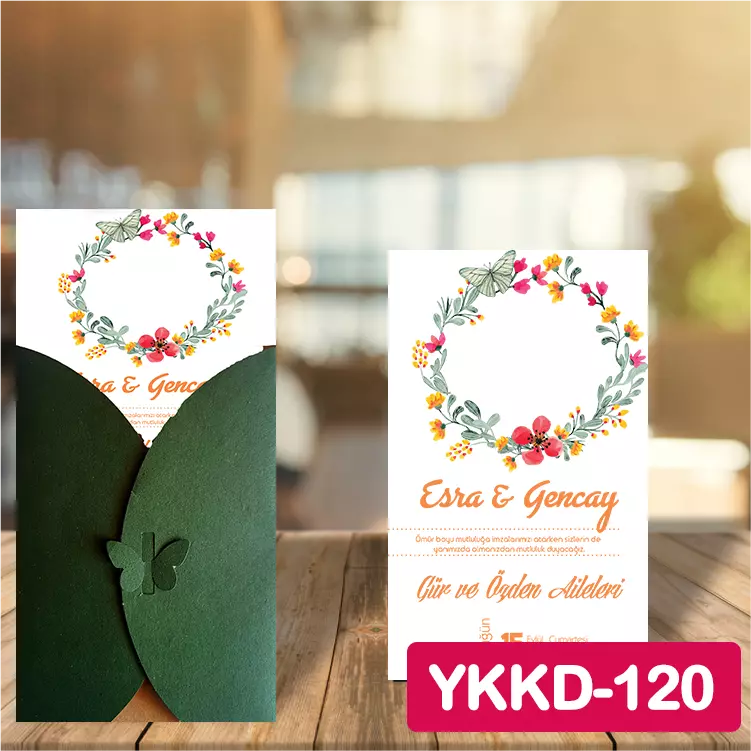 ozen-davetiye-Düğün Davetiyesi - Yeşil Kelebekli Kraft Zarflı Davetiye Model No:120