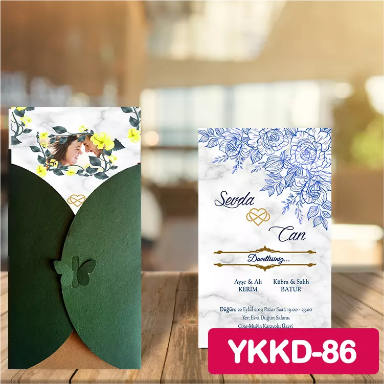 ozen-davetiye-Düğün Davetiyesi - Yeşil Kelebekli Kraft Zarflı Davetiye Model No:86
