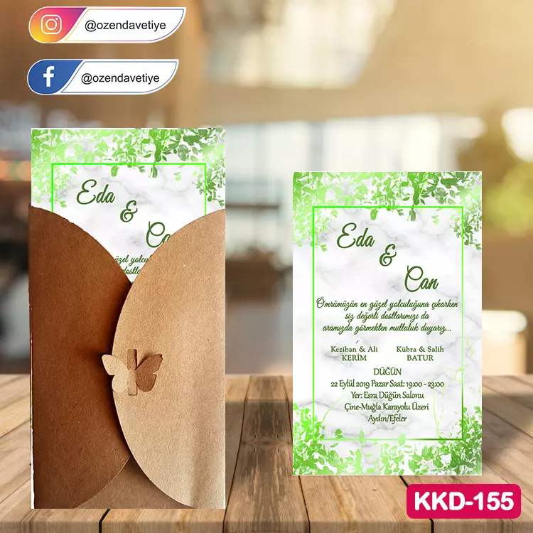 ozen-davetiye-Düğün Davetiyesi - Kelebekli Kraft Zarflı Davetiye Model No:155