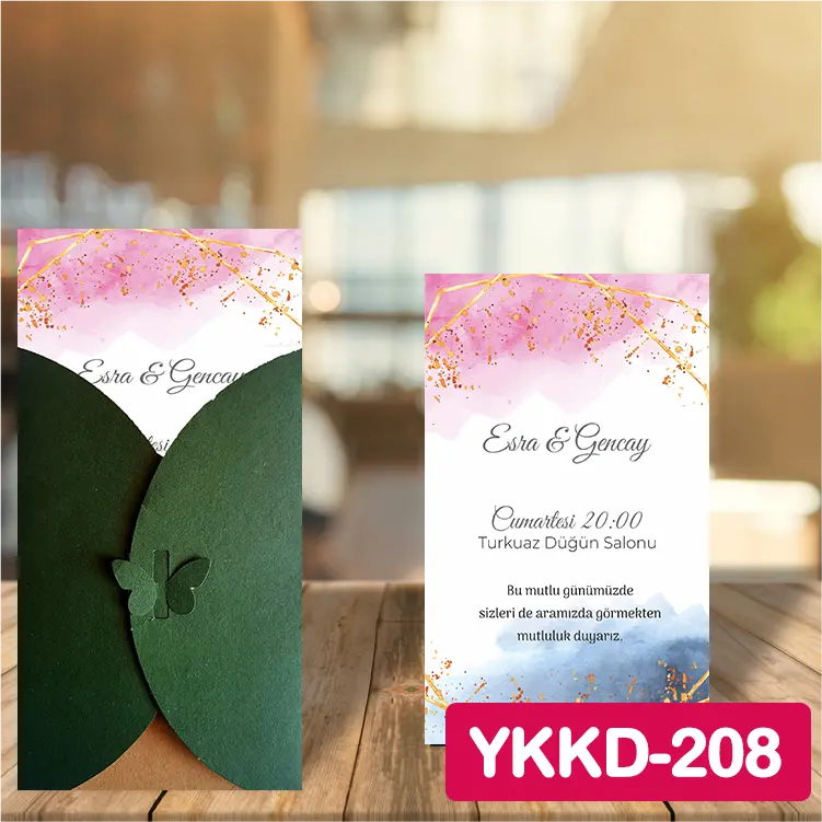ozen-davetiye-Düğün Davetiyesi - Yeşil Kelebekli Kraft Zarflı Davetiye Model No:208