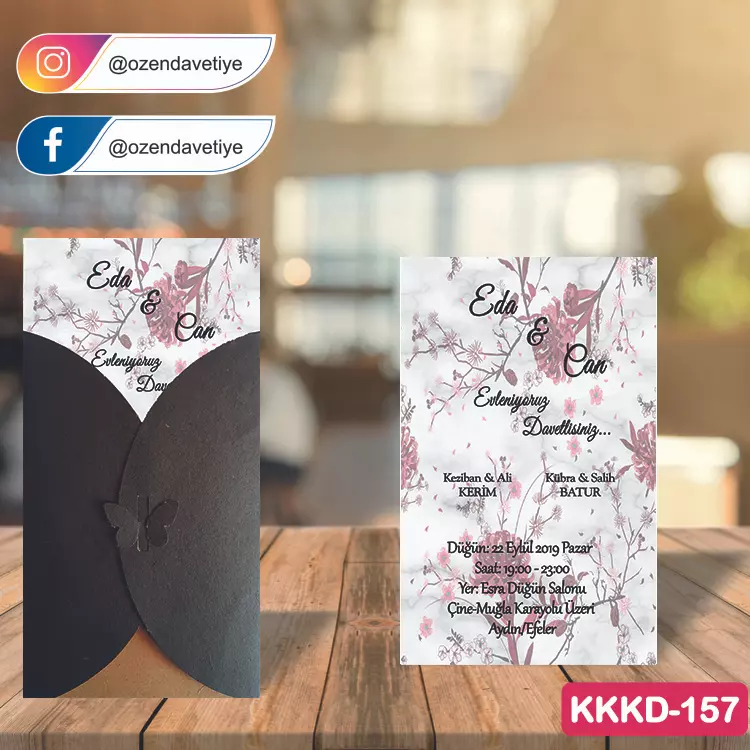 ozen-davetiye-Düğün Davetiyesi - Kahverengi Kelebekli Kraft Zarflı Davetiye Model No:157
