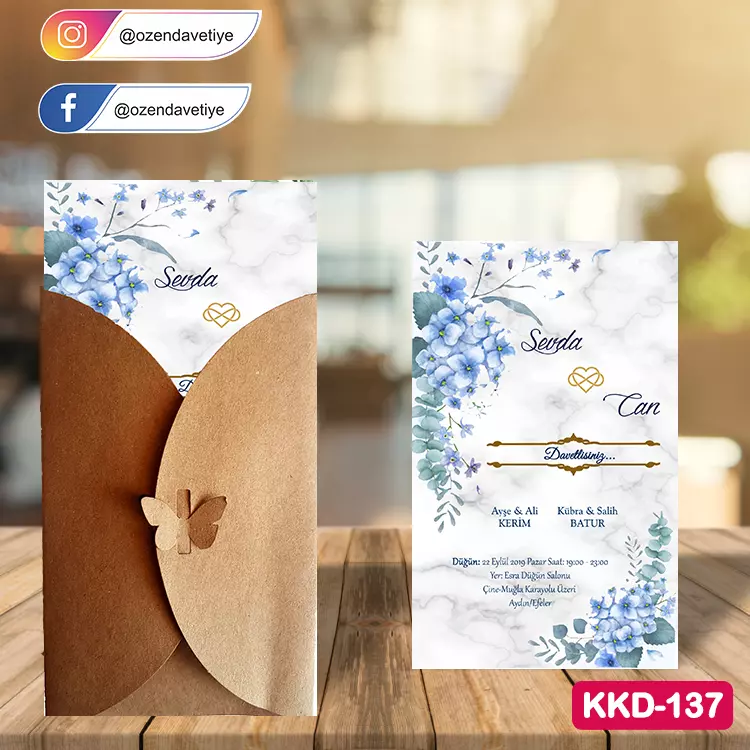 ozen-davetiye-Düğün Davetiyesi - Kelebekli Kraft Zarflı Davetiye Model No:137