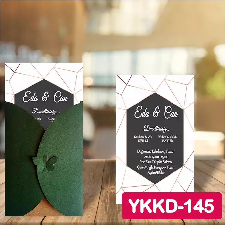 ozen-davetiye-Düğün Davetiyesi - Yeşil Kelebekli Kraft Zarflı Davetiye Model No:145