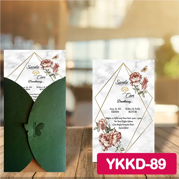 ozen-davetiye-Düğün Davetiyesi - Yeşil Kelebekli Kraft Zarflı Davetiye Model No:89