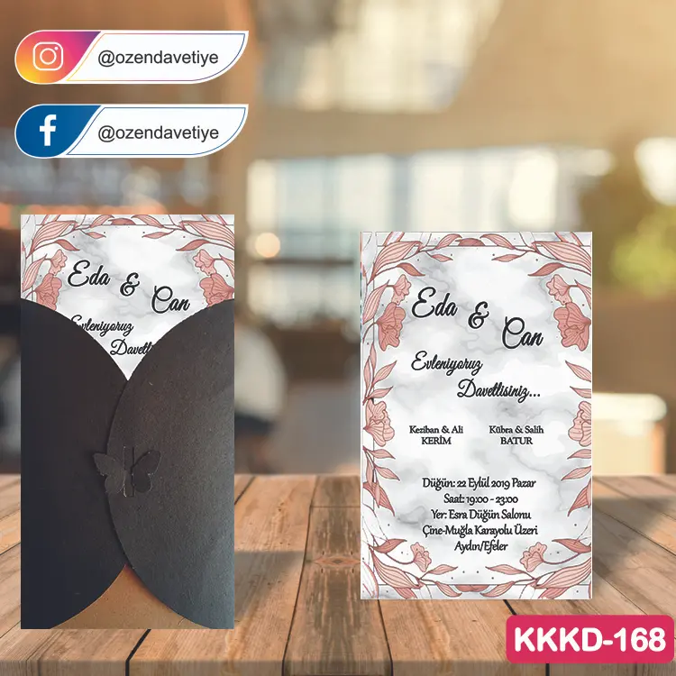 ozen-davetiye-Düğün Davetiyesi - Kahverengi Kelebekli Kraft Zarflı Davetiye Model No:168