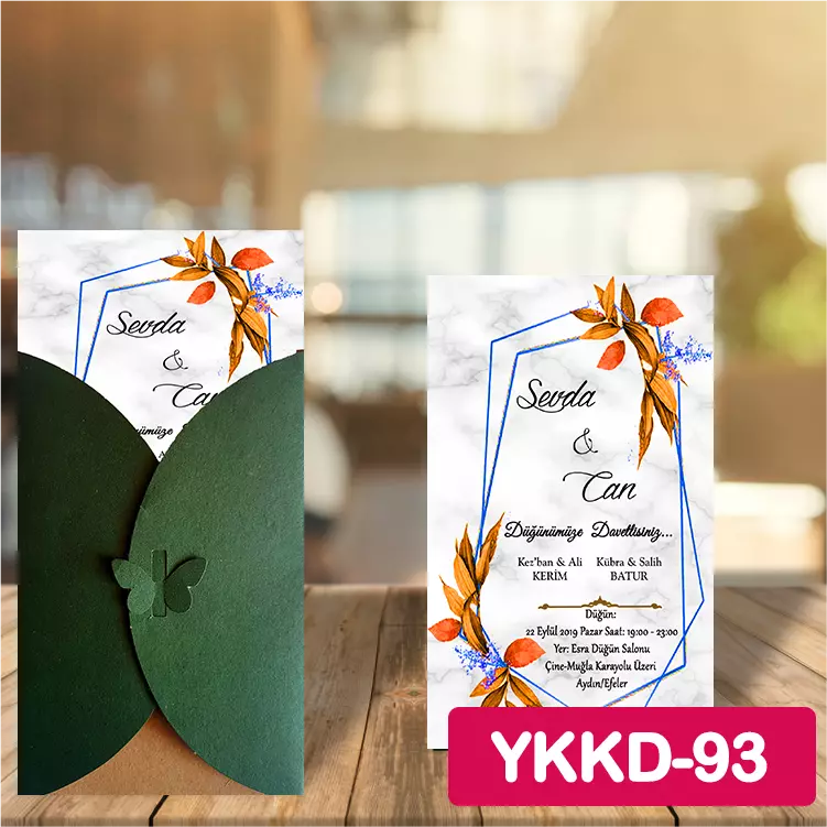 ozen-davetiye-Düğün Davetiyesi - Yeşil Kelebekli Kraft Zarflı Davetiye Model No:93