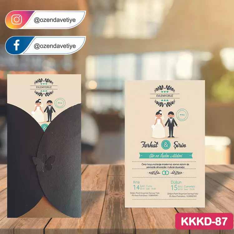 ozen-davetiye-Düğün Davetiyesi - Kahverengi Kelebekli Kraft Zarflı Davetiye Model No:87