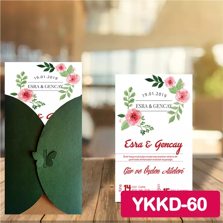 ozen-davetiye-Düğün Davetiyesi - Yeşil Kelebekli Kraft Zarflı Davetiye Model No:60
