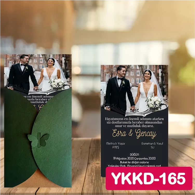 ozen-davetiye-Düğün Davetiyesi - Yeşil Kelebekli Kraft Zarflı Davetiye Model No:165