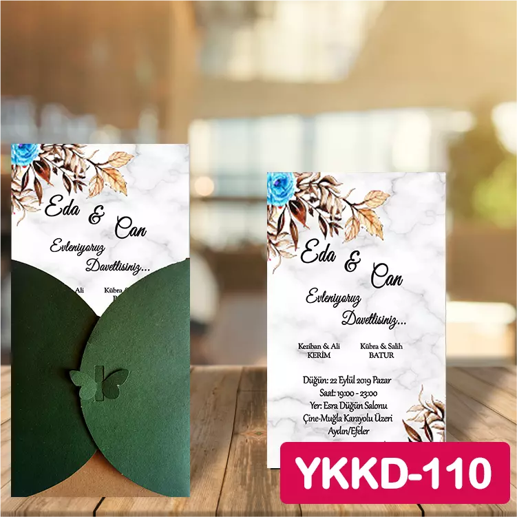 ozen-davetiye-Düğün Davetiyesi - Yeşil Kelebekli Kraft Zarflı Davetiye Model No:110