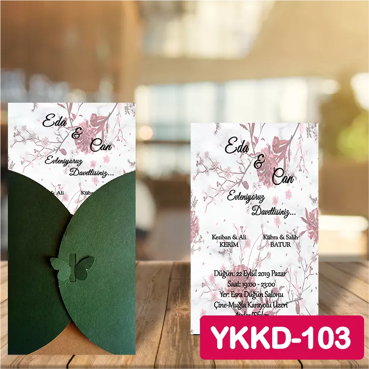 ozen-davetiye-Düğün Davetiyesi - Yeşil Kelebekli Kraft Zarflı Davetiye Model No:103