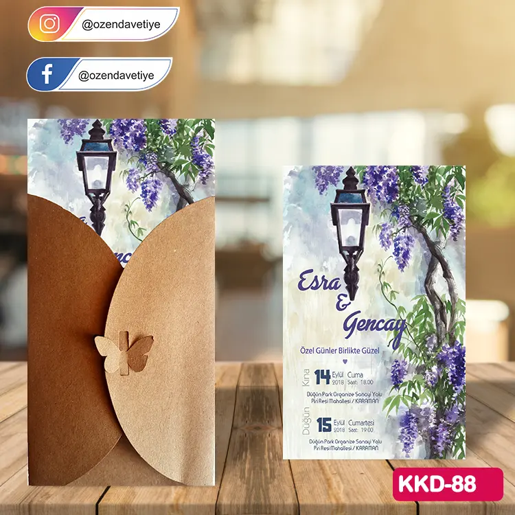 ozen-davetiye-Düğün Davetiyesi - Kelebekli Kraft Zarflı Davetiye Model No:88