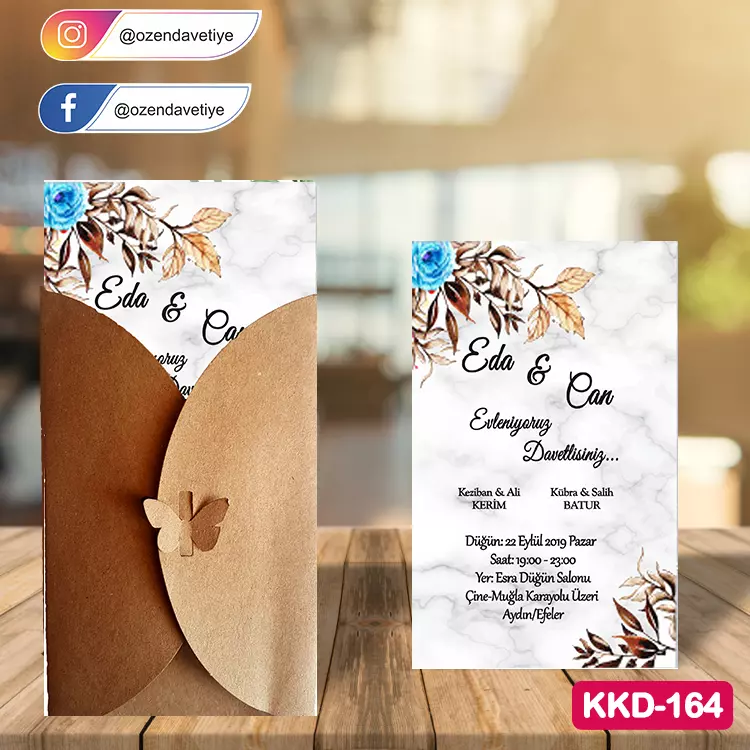 ozen-davetiye-Düğün Davetiyesi - Kelebekli Kraft Zarflı Davetiye Model No:164