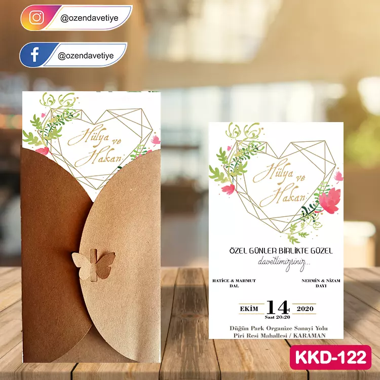 ozen-davetiye-Düğün Davetiyesi - Kelebekli Kraft Zarflı Davetiye Model No:122