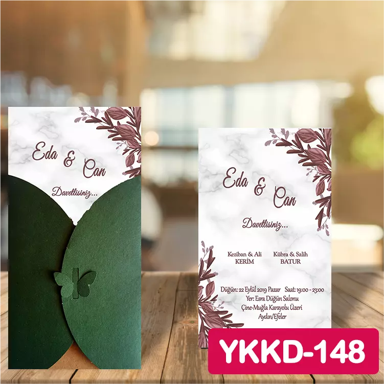 ozen-davetiye-Düğün Davetiyesi - Yeşil Kelebekli Kraft Zarflı Davetiye Model No:148
