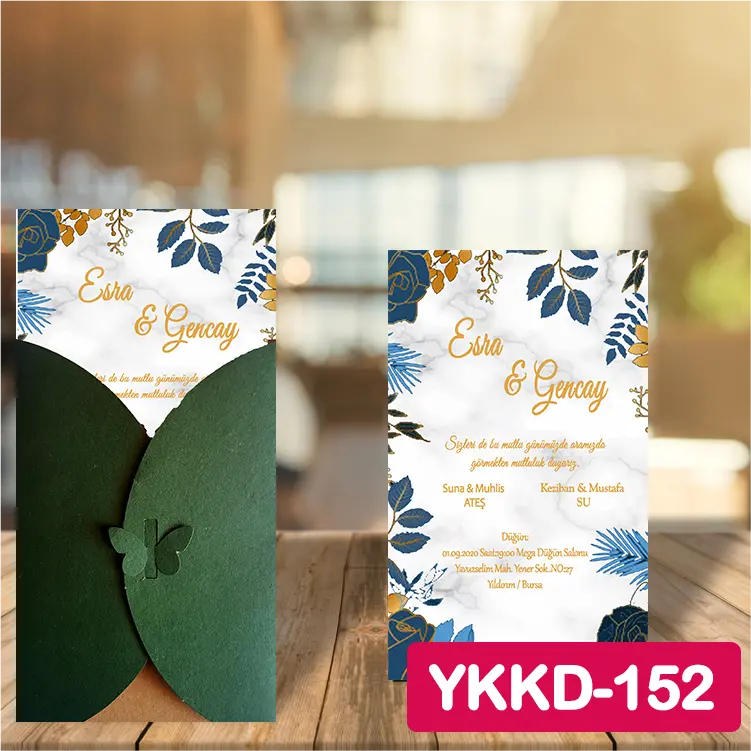 ozen-davetiye-Düğün Davetiyesi - Yeşil Kelebekli Kraft Zarflı Davetiye Model No:152