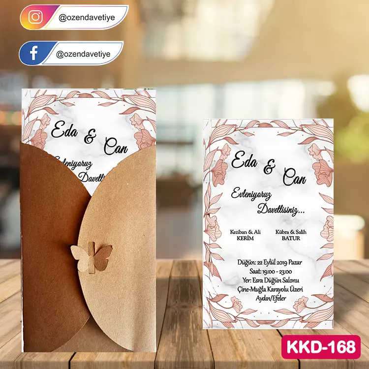 ozen-davetiye-Düğün Davetiyesi - Kelebekli Kraft Zarflı Davetiye Model No:168