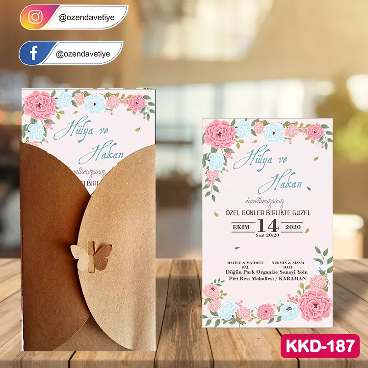 ozen-davetiye-Düğün Davetiyesi - Kelebekli Kraft Zarflı Davetiye Model No:187