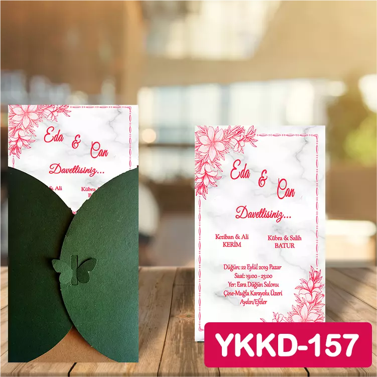 ozen-davetiye-Düğün Davetiyesi - Yeşil Kelebekli Kraft Zarflı Davetiye Model No:157