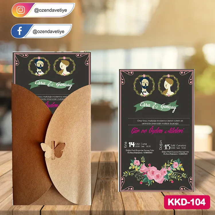 ozen-davetiye-Düğün Davetiyesi - Kelebekli Kraft Zarflı Davetiye Model No:104