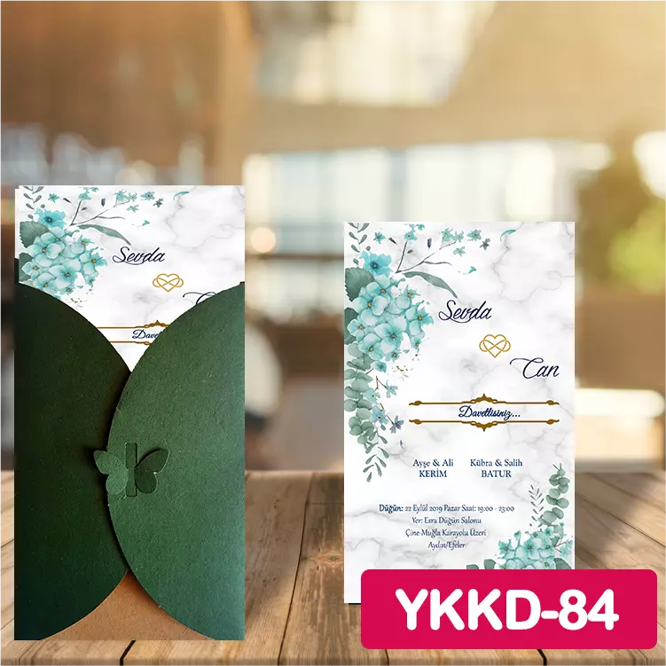 ozen-davetiye-Düğün Davetiyesi - Yeşil Kelebekli Kraft Zarflı Davetiye Model No:84
